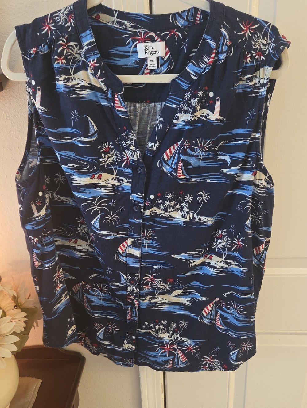 Kim Rogers Navy Tropical Print Button-Front Shell with Red & White Accents